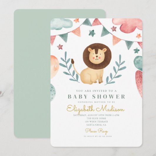Waterverf Lion Cute Baloons Baby shower Kaart (Voorkant / Achterkant)