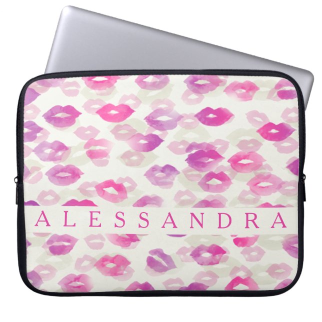 Waterverf Lippen Roze & Paarse Gepersonaliseerd Laptop Sleeve (Voorkant)