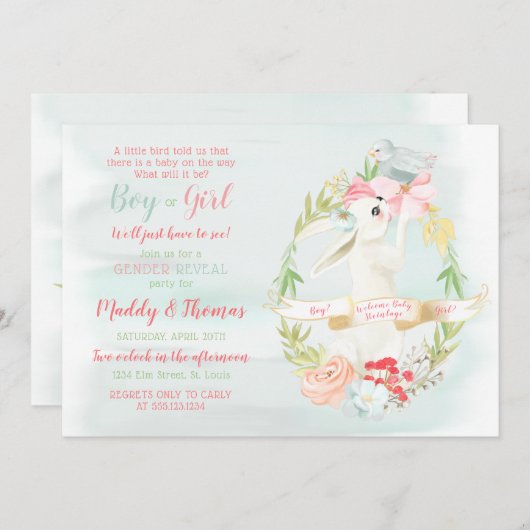 Waterverf Little Bird en Bunny Geslacht Onthullen Kaart (Voorkant / Achterkant)