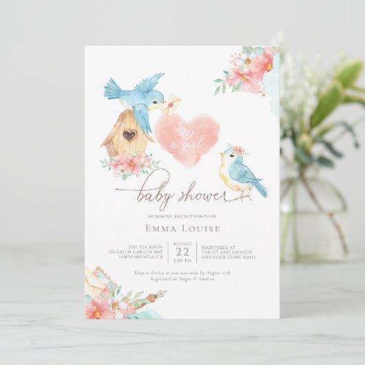 Waterverf Little Birds Girl Baby shower Kaart (Staand voorkant)