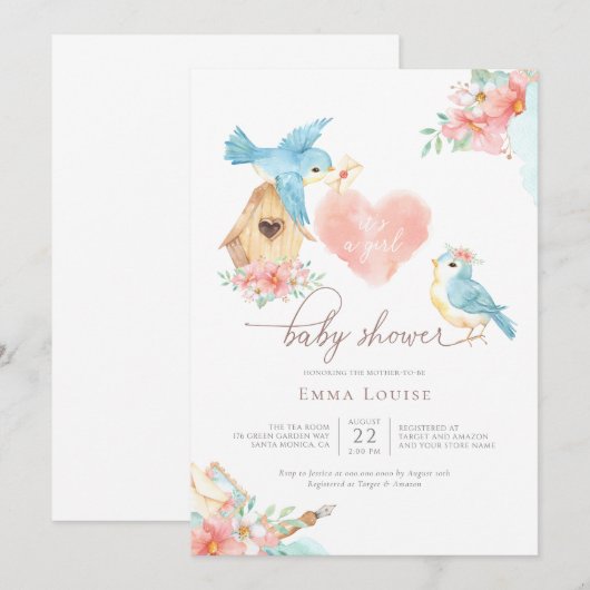 Waterverf Little Birds Girl Baby shower Kaart (Voorkant / Achterkant)