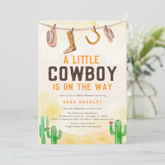 Waterverf Little Cowboy Western Baby shower Kaart (Staand voorkant)