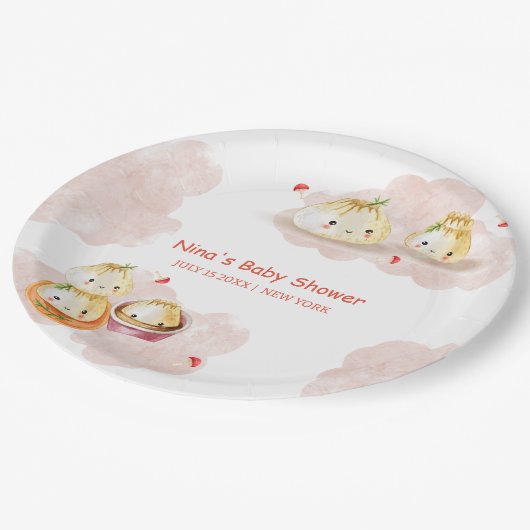 Waterverf Little Dumpling Mushroom Baby shower Papieren Bordje (Gekanteld)