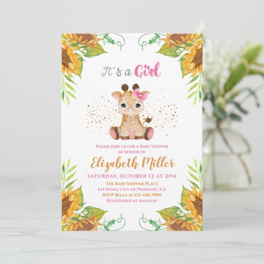Waterverf Little Giraffe Wild Flowers Baby shower Kaart (Staand voorkant)