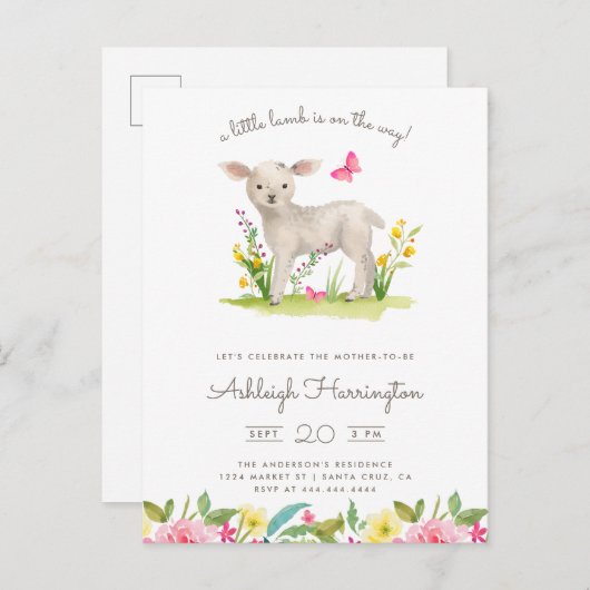 Waterverf Little Lamb Spring Meadow Baby shower Uitnodiging Briefkaart (Voorkant / Achterkant)