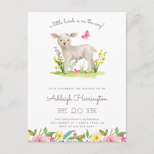 Waterverf Little Lamb Spring Meadow Baby shower Uitnodiging Briefkaart (Voorkant)