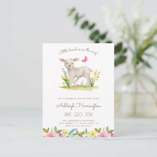 Waterverf Little Lamb Spring Meadow Baby shower Uitnodiging Briefkaart (Staand voorkant)