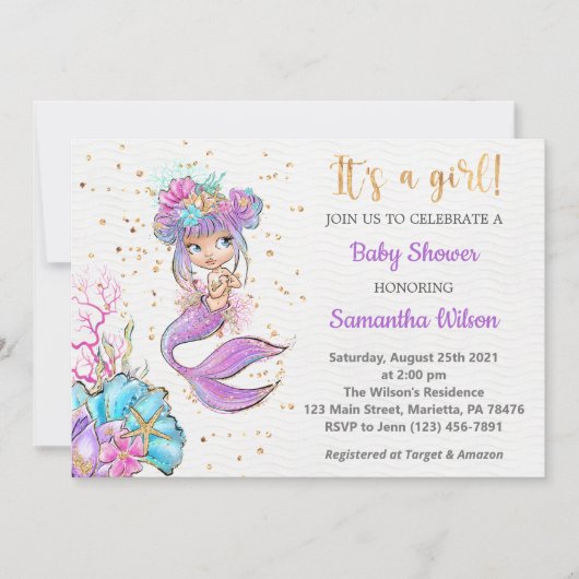 Waterverf Little Mermaid Baby shower Invitation Kaart (Voorkant)
