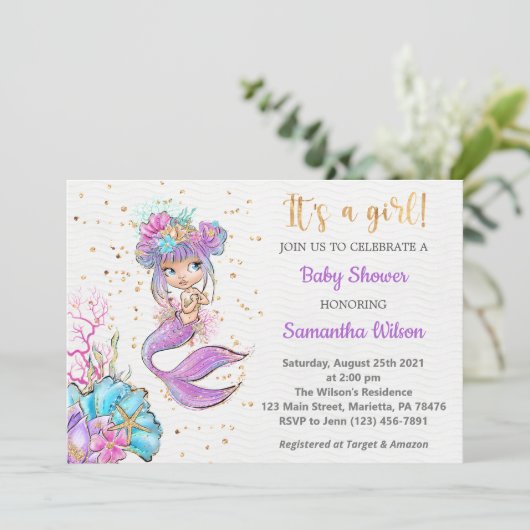 Waterverf Little Mermaid Baby shower Invitation Kaart (Staand voorkant)