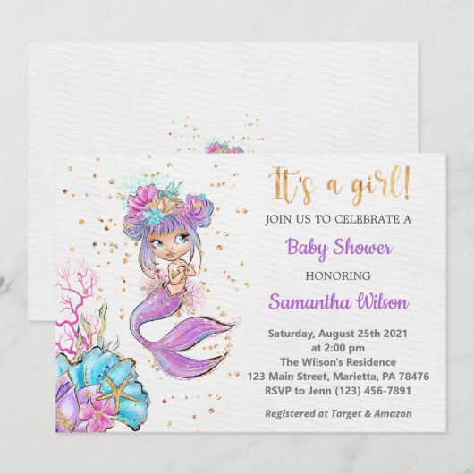 Waterverf Little Mermaid Baby shower Invitation Kaart (Voorkant / Achterkant)