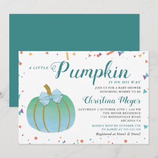 Waterverf Little Pumpkin Baby shower Invitation Kaart (Voorkant / Achterkant)