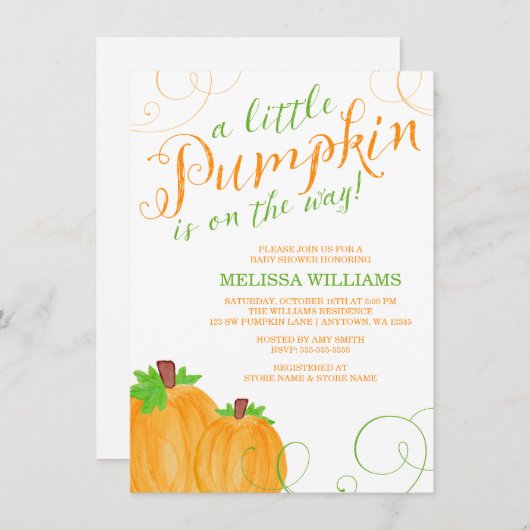 Waterverf Little Pumpkin Herfst Baby shower Kaart (Voorkant / Achterkant)