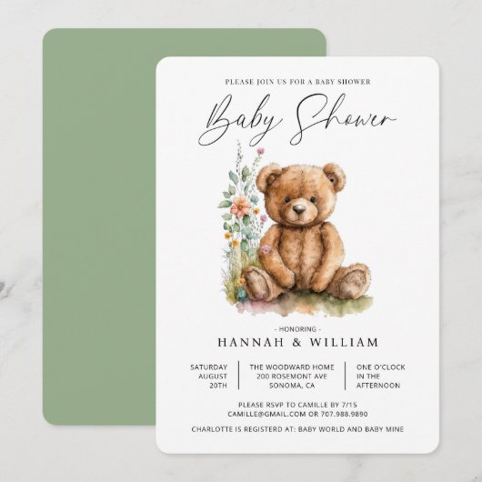 Waterverf Little Teddy Bear Flowers Baby shower Kaart (Voorkant / Achterkant)