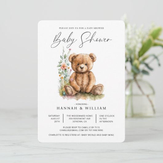 Waterverf Little Teddy Bear Flowers Baby shower Kaart (Staand voorkant)