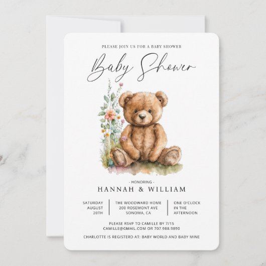 Waterverf Little Teddy Bear Flowers Baby shower Kaart (Voorkant)