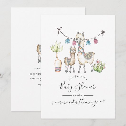 Waterverf Llama, Baby shower met thema Kaart (Voorkant / Achterkant)