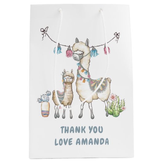 Waterverf Llama, Baby shower met thema Medium Cadeauzakje (Voorkant)