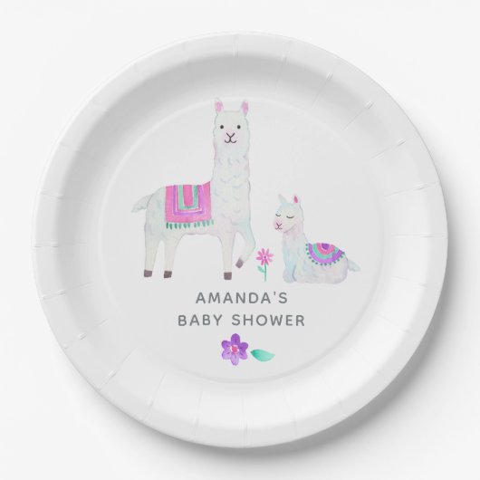 Waterverf Llama, Baby shower met thema Papieren Bordje (Voorkant)