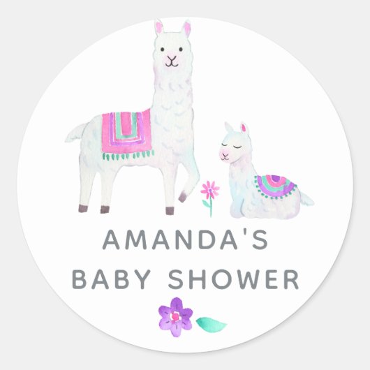 Waterverf Llama, Baby shower met thema Ronde Sticker (Voorkant)
