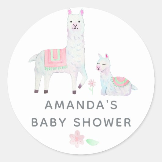 Waterverf Llama, Baby shower met thema Ronde Sticker (Voorkant)