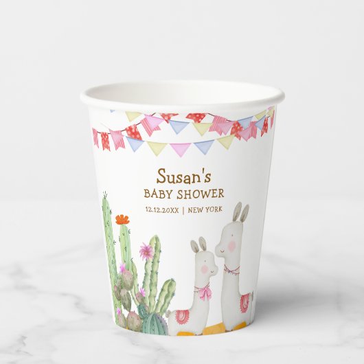 Waterverf Llama Desert Cactus Fiesta Baby shower Papieren Bekers (Achterkant)