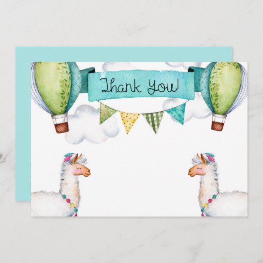 Waterverf Llama Hot Air Ballon Hartelijk dank Bedankkaart (Voorkant / Achterkant)