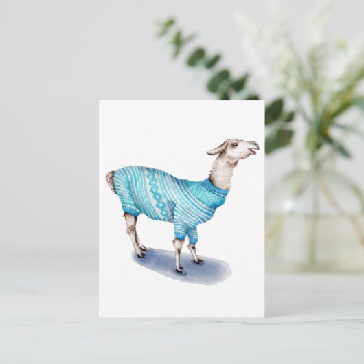 Waterverf Llama in blauwe trui Briefkaart (Staand voorkant)
