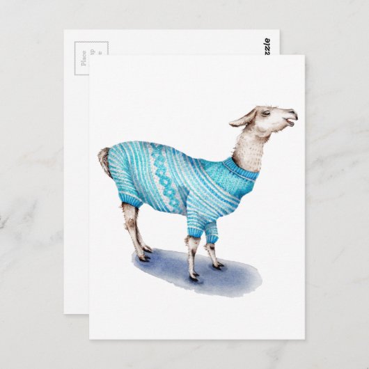 Waterverf Llama in blauwe trui Briefkaart (Voorkant / Achterkant)