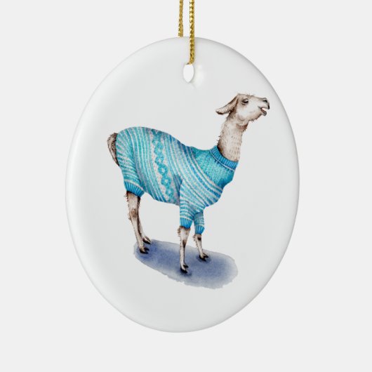 Waterverf Llama in blauwe trui Keramisch Ornament (Rechts)