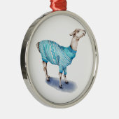 Waterverf Llama in blauwe trui Metalen Ornament (Rechts)