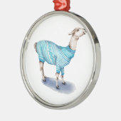 Waterverf Llama in blauwe trui Metalen Ornament (Links)