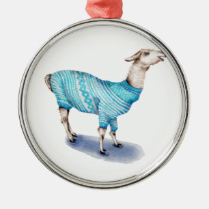 Waterverf Llama in blauwe trui Metalen Ornament