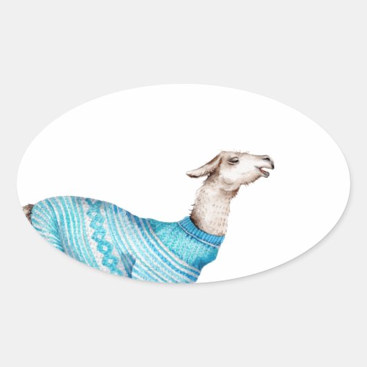 Waterverf Llama in blauwe trui Ovale Sticker (Voorkant)