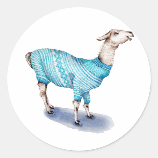 Waterverf Llama in blauwe trui Ronde Sticker (Voorkant)