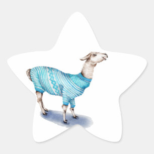 Waterverf Llama in blauwe trui Ster Sticker