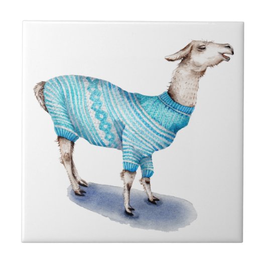 Waterverf Llama in Blue Sweater Tegeltje (Voorkant)
