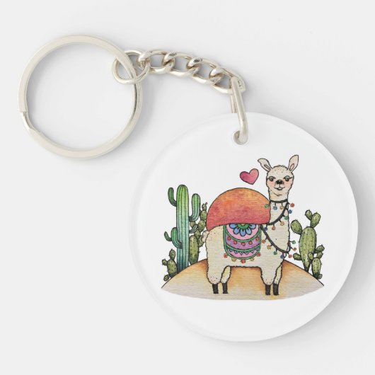 Waterverf Llama met cactus Sleutelhanger (Voorkant)