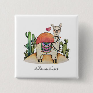 Waterverf Llama met cactus Vierkante Button 5,1 Cm
