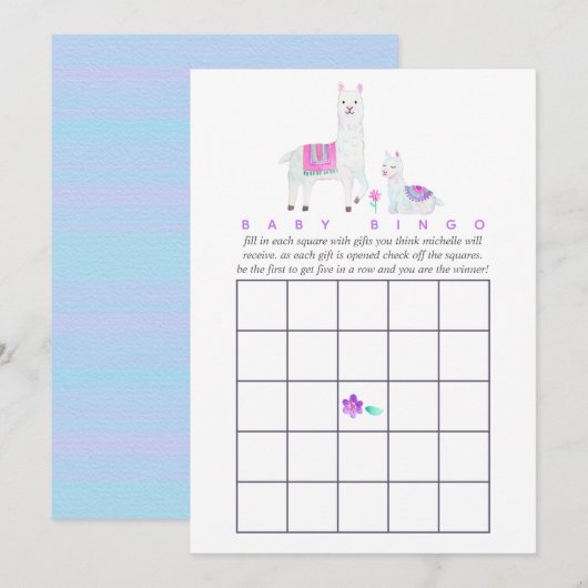 Waterverf Llama met het thema Baby shower Bingo Kaart (Voorkant / Achterkant)
