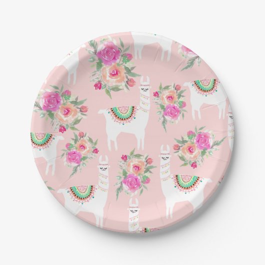 Waterverf Llama's op koraalroze Papieren Bordje (Voorkant)