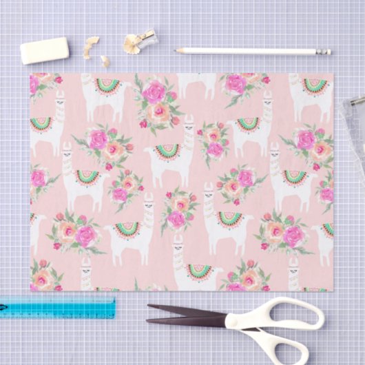 Waterverf Llama's op koraalroze Tissuepapier (Craft)
