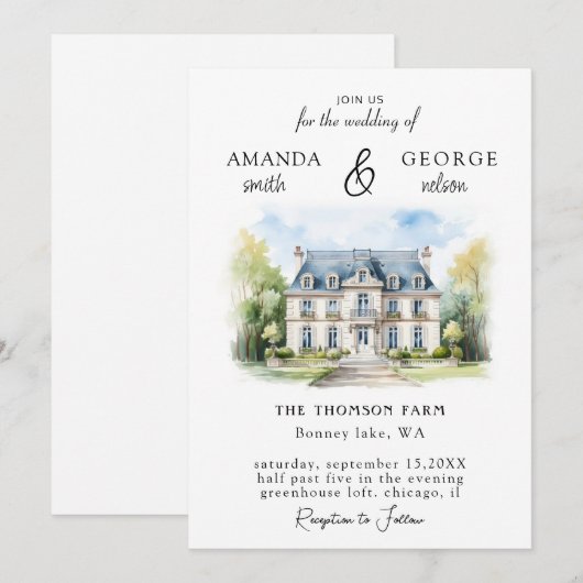 Waterverf locatie bruiloft kaart (Voorkant / Achterkant)