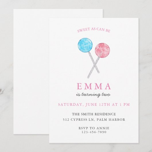 Waterverf Lollipop Birthday Party Uitnodiging (Voorkant / Achterkant)