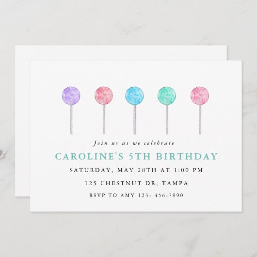 Waterverf Lollipop Birthday Party Uitnodiging (Voorkant / Achterkant)