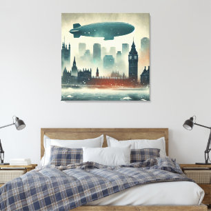 Waterverf Londen Skyline met Diriible Canvas Afdruk