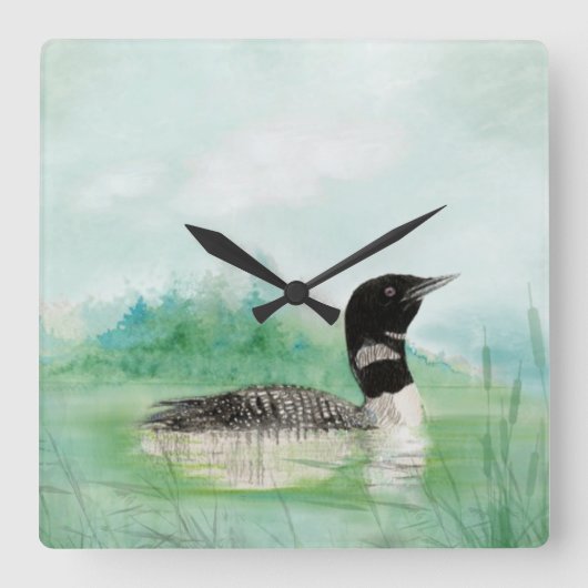 Waterverf Loon Wilderness Lake Bird Natuur Art Vierkante Klok (Voorkant)