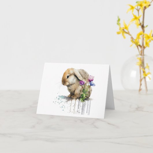 Waterverf Lop Konijnenkonijn met Bloemen BLANK Kaart (Gele Bloem)
