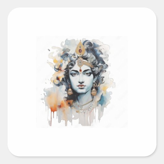 Waterverf Lord Krishna gezicht Vierkante Sticker (Voorkant)