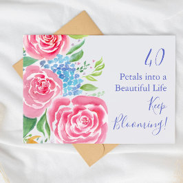 Waterverf Losse Rozen & Hydrangea 40e Verjaardag Kaart