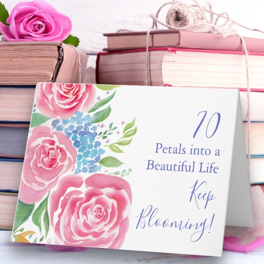 Waterverf Losse Rozen & Hydrangea 70e Verjaardag Kaart